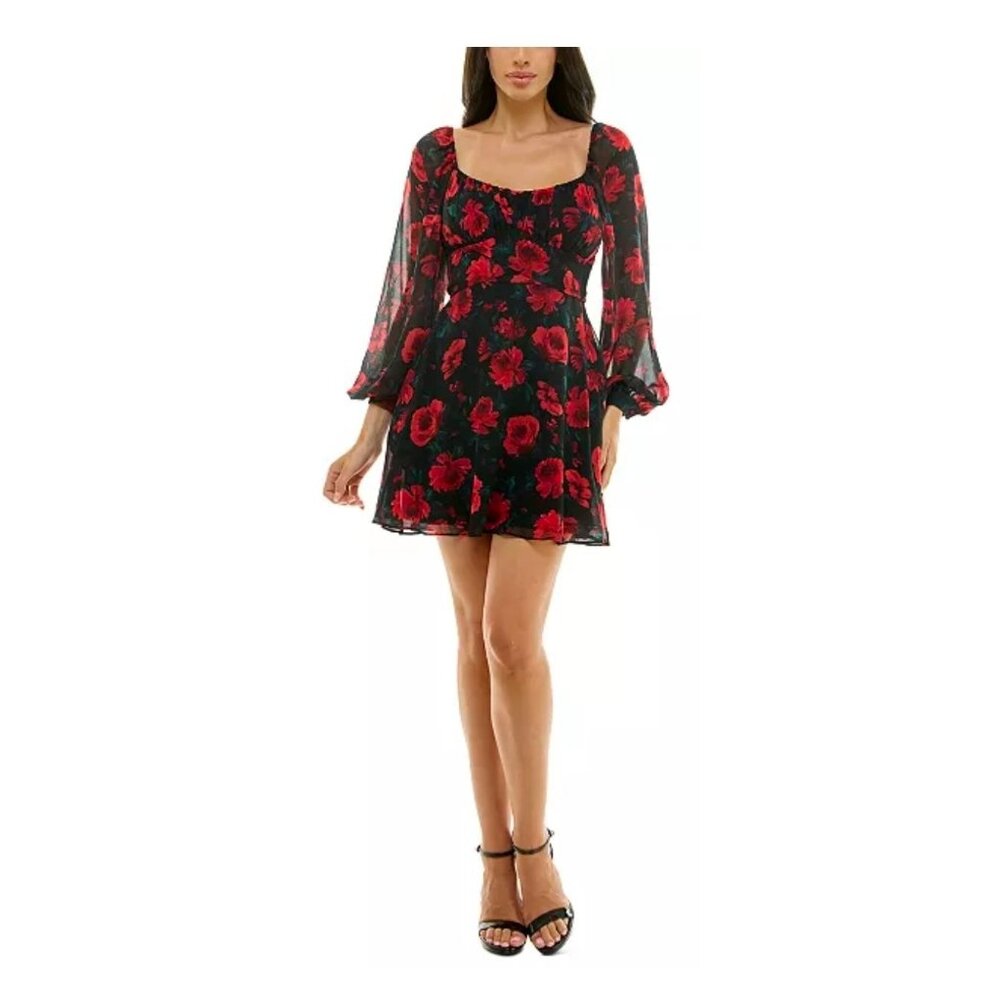 B. Darlin Black & Red Floral Long-Sleeve Mini Dress With Tie Waist Size 1/2